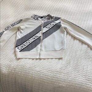 Dior White Knit Zip Cardigan with Black Logo Trim